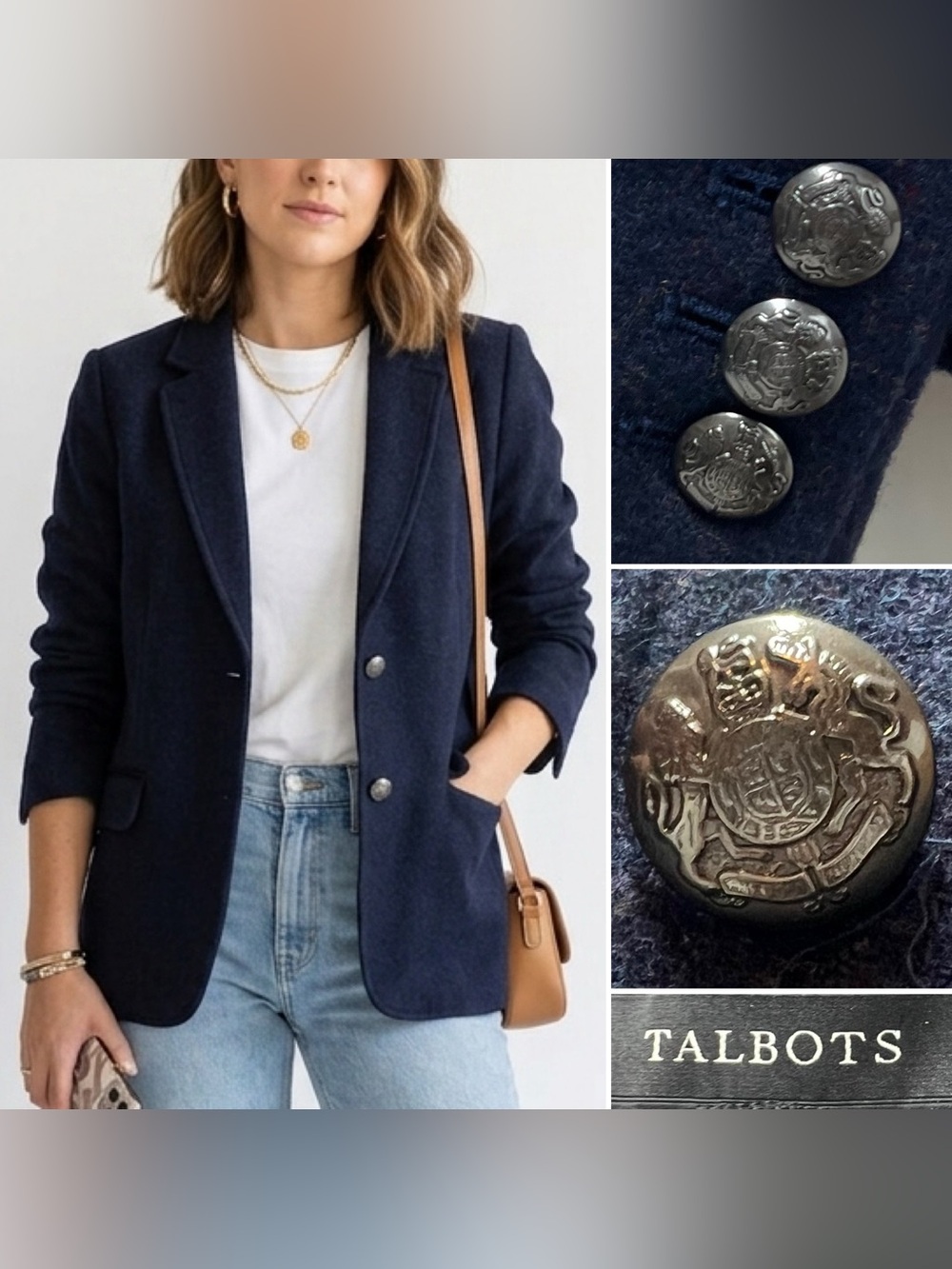 Talbots Women's 14 Navy Blue Flecked Tweed Silver Button Wool Blazer Jacket